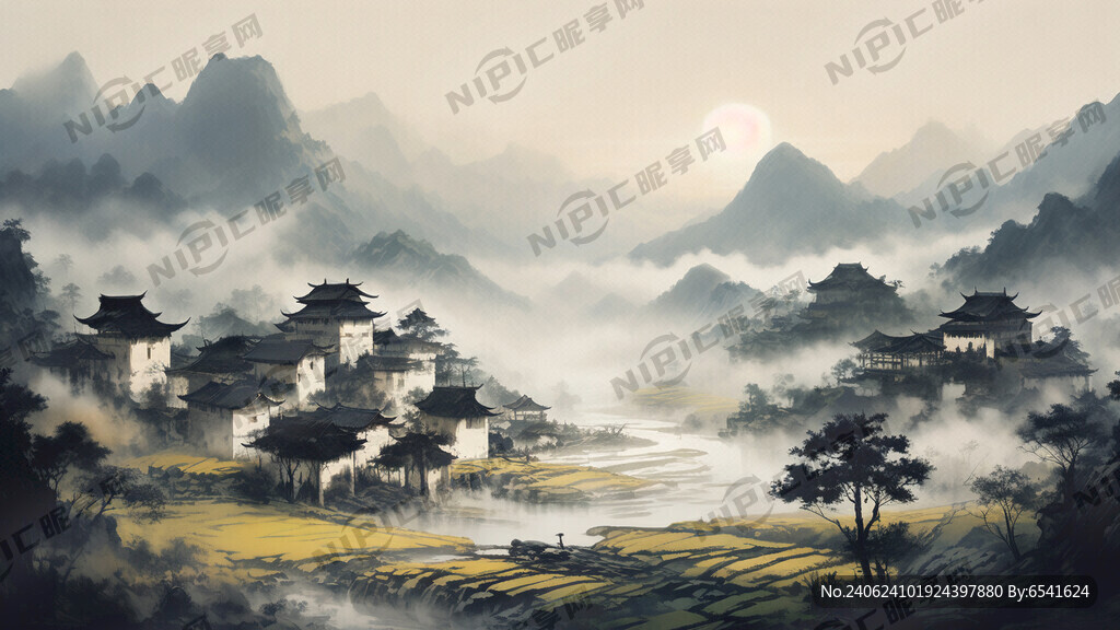 贵州梯田、山村、云雾、国画