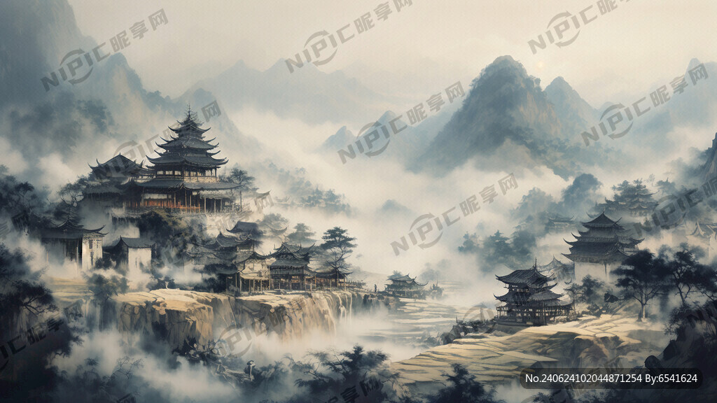 贵州梯田为主、山村、云雾、国画