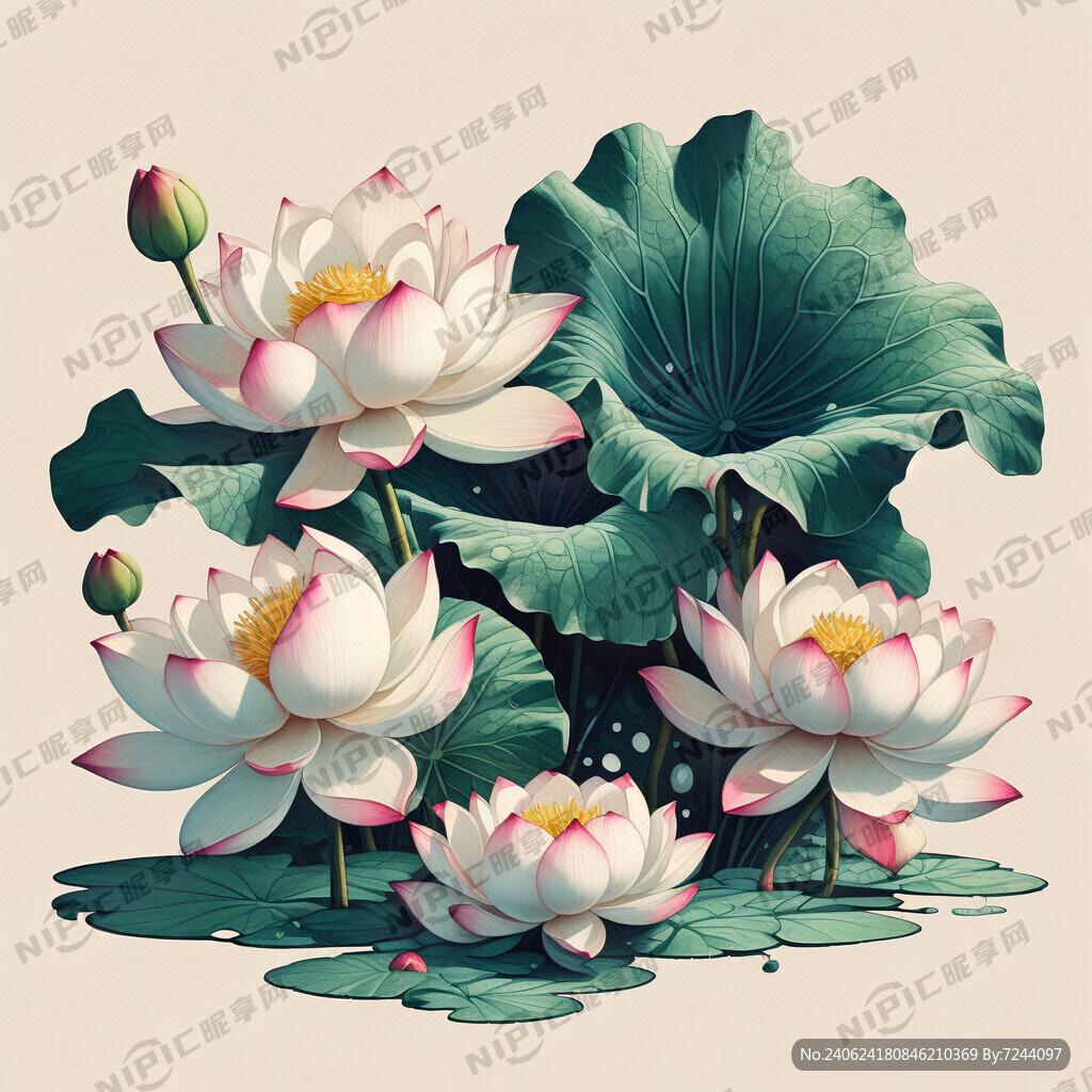 荷花 三个荷叶 两个花包
