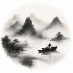 写意山水画，国画，水墨，河流,船只中国风，太极八卦。