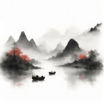 要有暻维两字，色彩山水画，太极八卦，国画，水墨，河流,船只中国风。