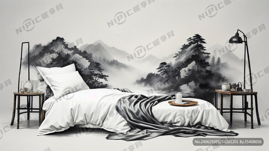 简约自然风景山水画床上用品海报