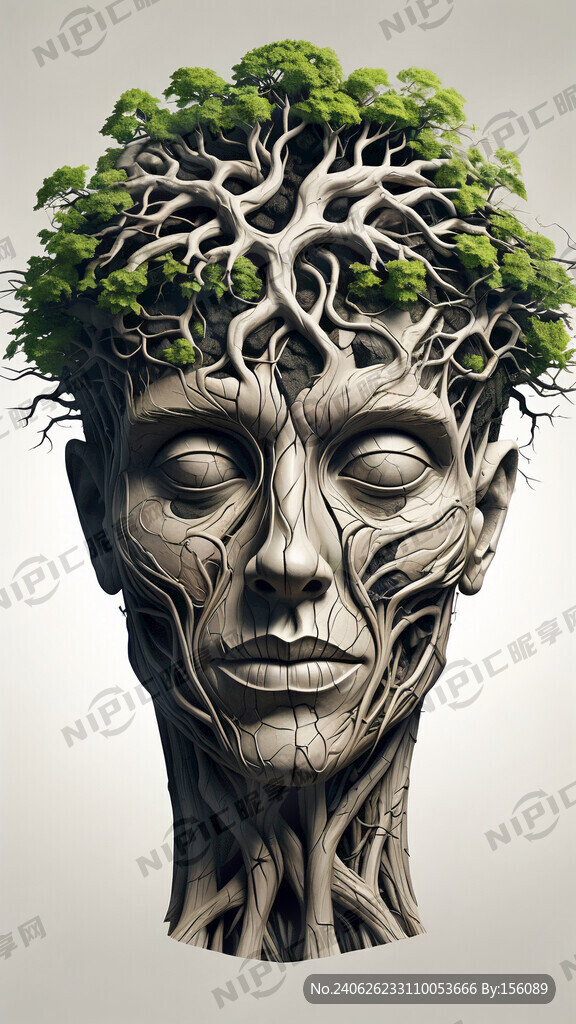 树根形成的人体头颅面部
