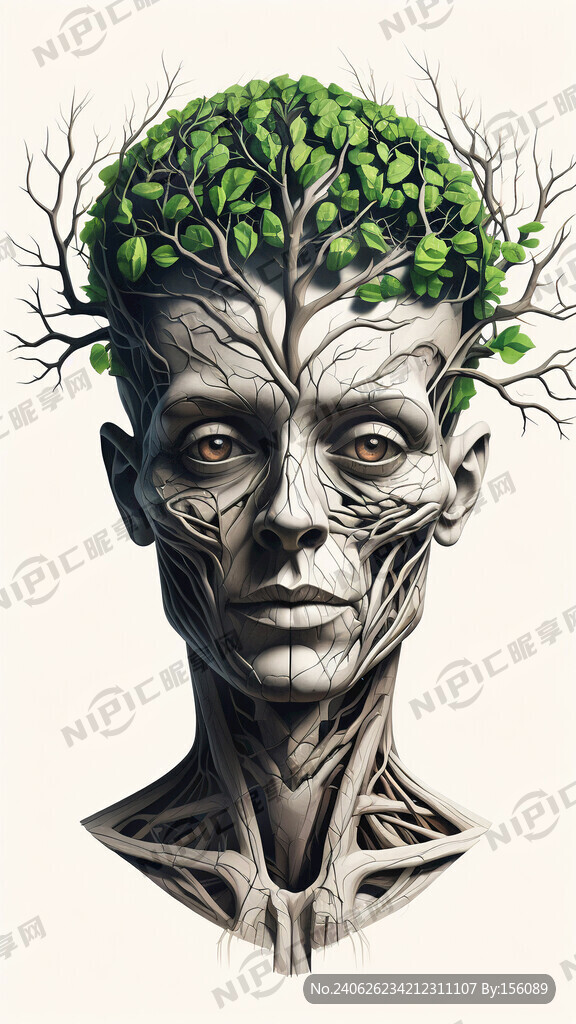 树枝形成的人体头颅 正面面部