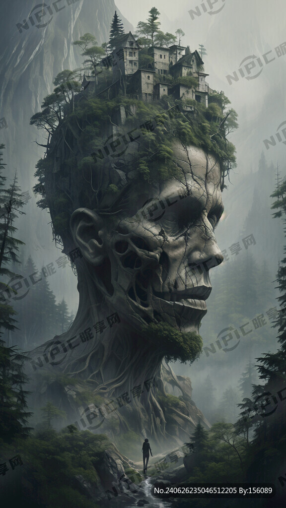 阴暗的森林 山体形成的人体头颅