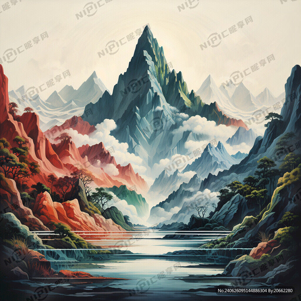 山水线条  多层次浮雕效果