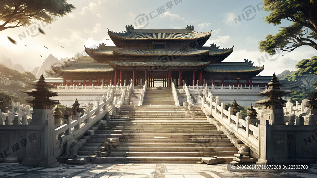 唐朝宫殿 汉白玉石阶 仰视