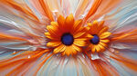 水平旋转，抽象，多彩，弥散风，透明丝绸质感，漫射渐变，半透明，晶莹剔透，华丽高光，右侧，一朵丝绸质感橘色花瓣雏菊