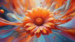 水平旋转，抽象，多彩，漫射渐变，半透明，晶莹剔透，华丽高光，右侧，一朵丝绸质感橘色花瓣雏菊