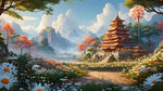 游戏梦幻唯美新中式风景，超高清，细节刻画，美丽的雏菊，飘渺电影般环境，明亮清晰