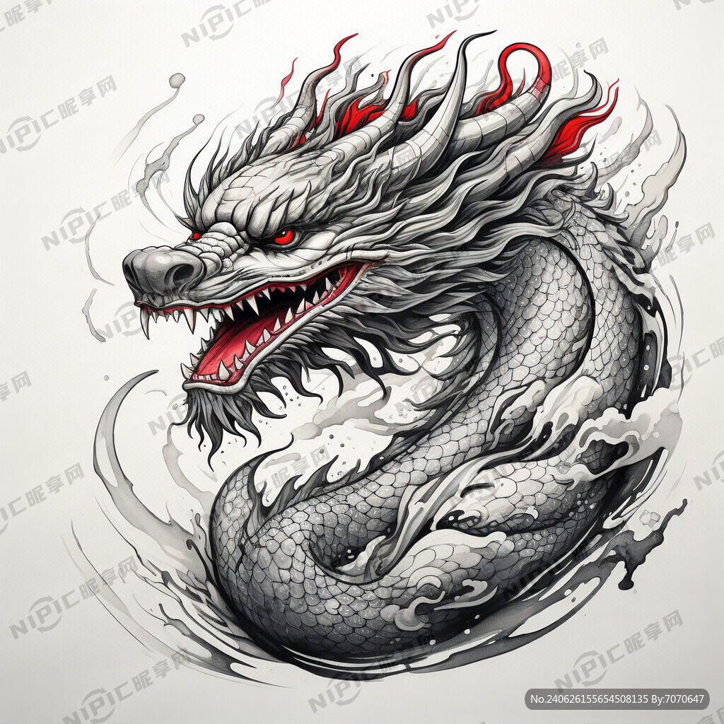 龙 手绘 灰色 红口道场