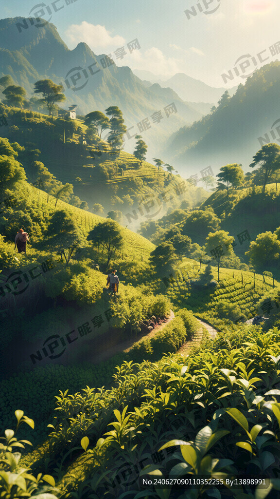 微缩景观 绿色的茶山 阳光特写