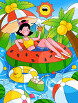 夏天夏季女孩泳池度假卡通插画