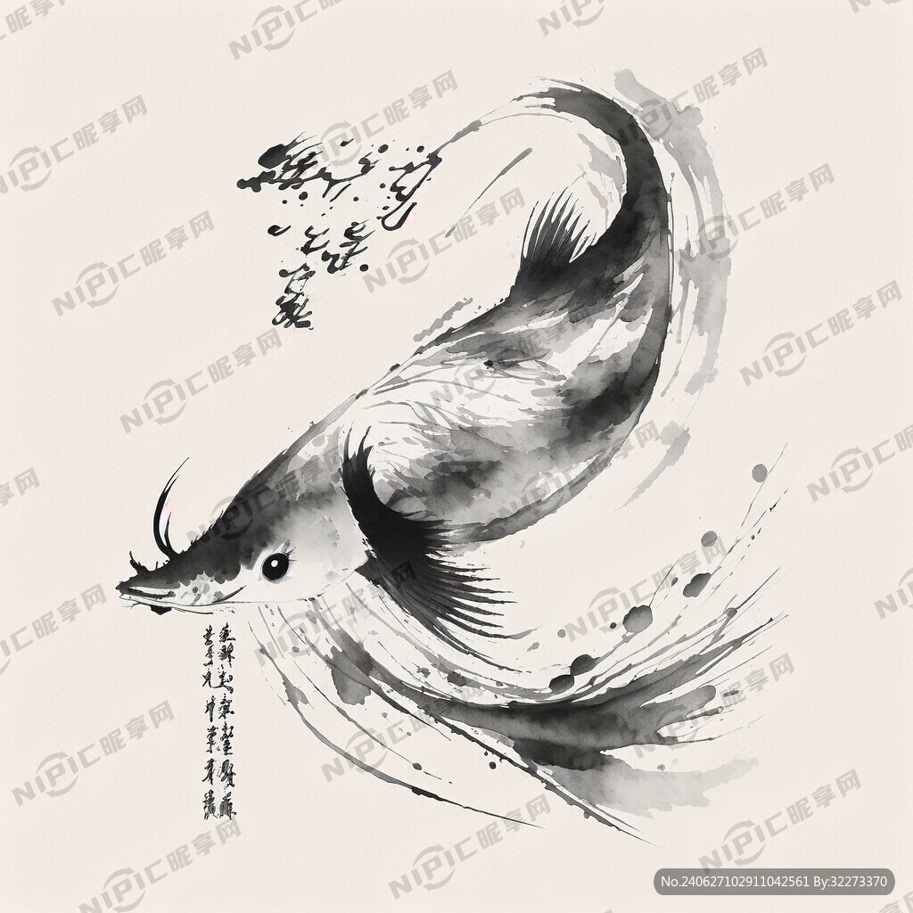 带鱼 中国风 水墨素描 彩色