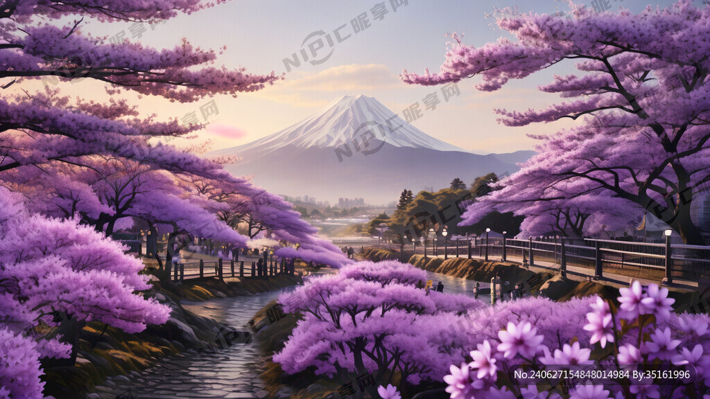日式 紫色樱花 富士山