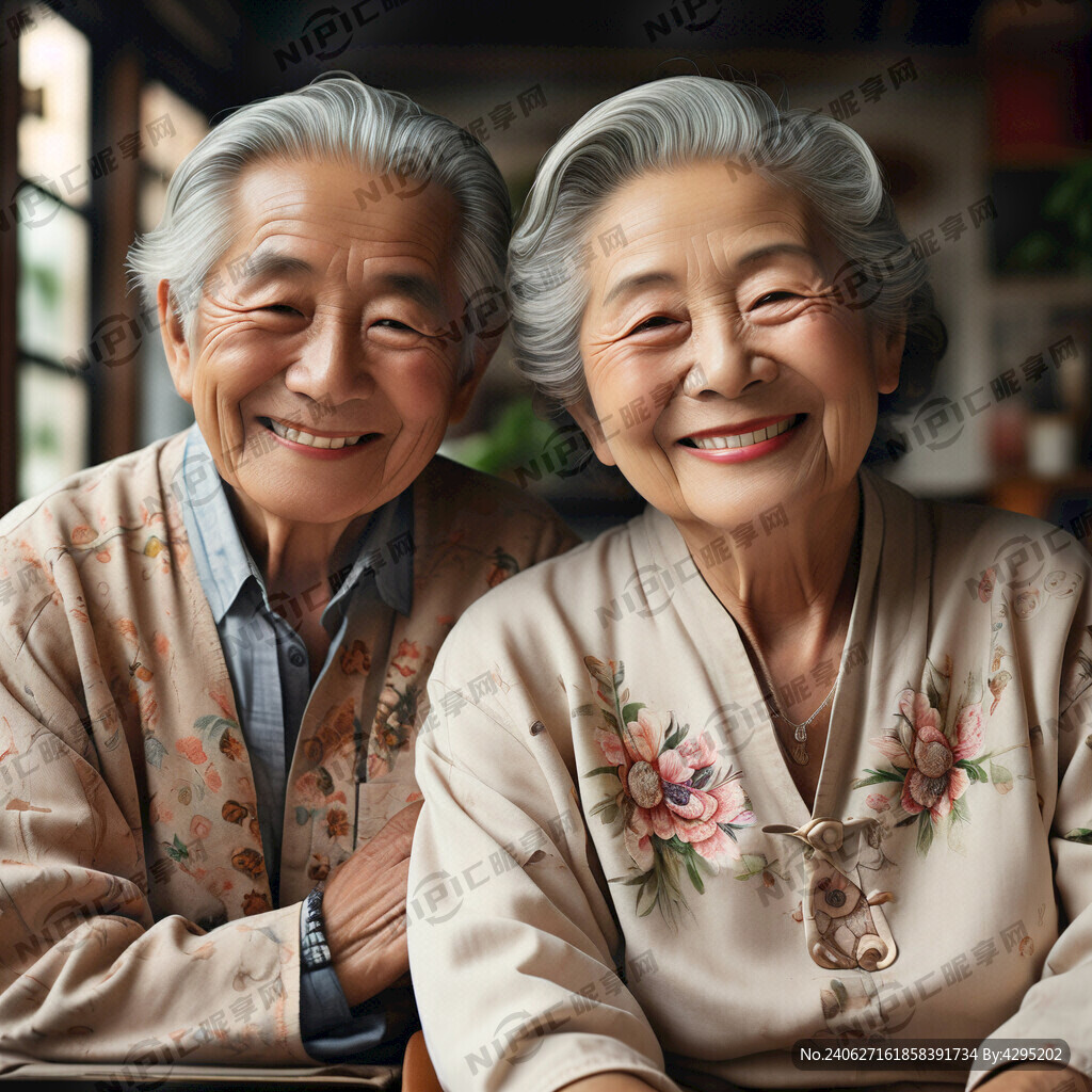 中老人夫妇 坐在一起 微笑表情