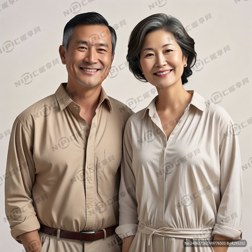 亚州中老年夫妻 浅色休闲服装