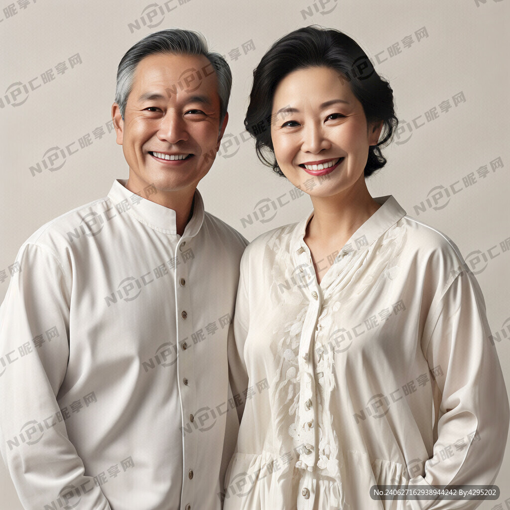 亚州中老年夫妻 白色休闲服装