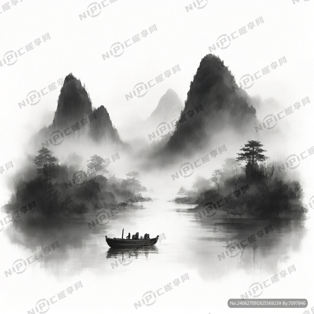 写意山水画 水墨 河流 船只
