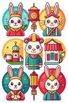 节庆元素兔子图标组古建筑