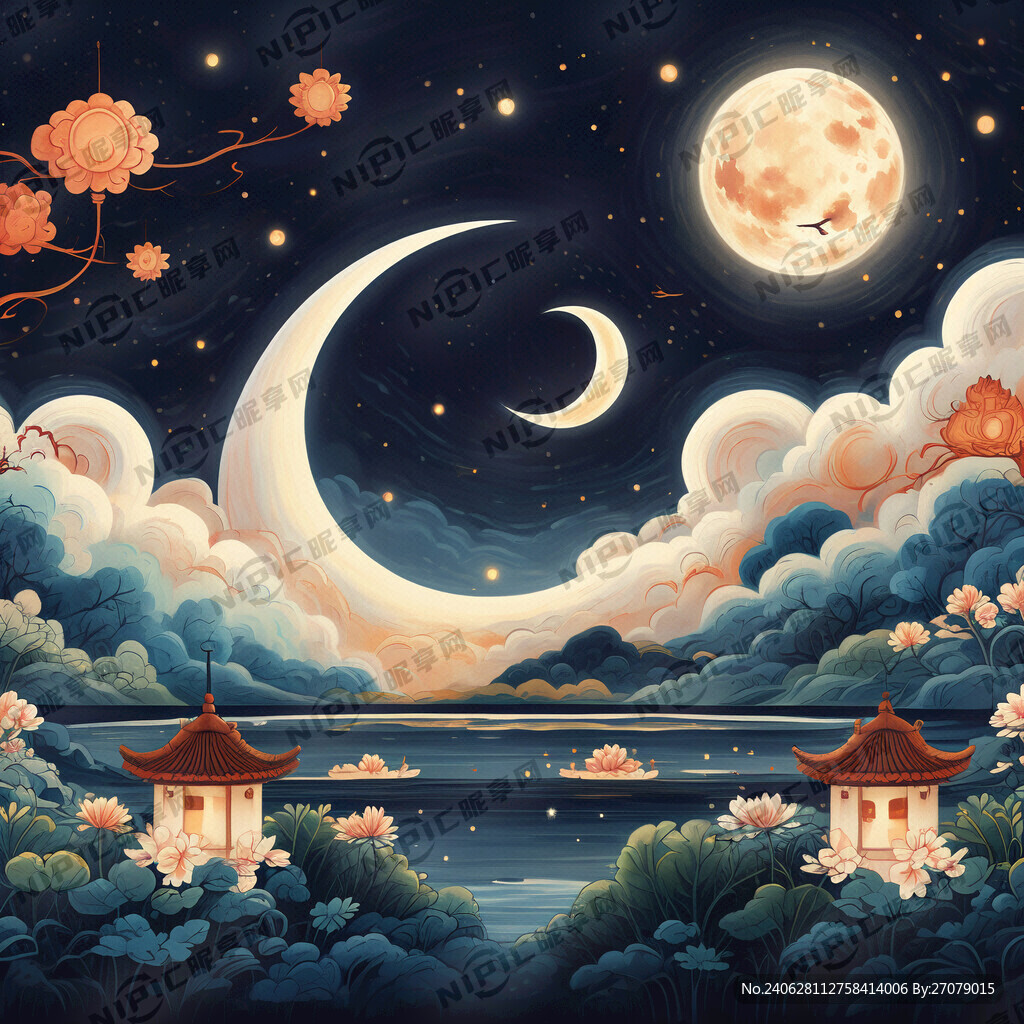 中秋节 星空 月亮 卡通