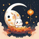 卡通 月兔 月球 中秋节  暖色调