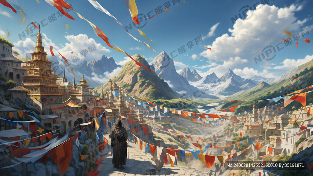 蓝天 经幡 游客 撒龙达