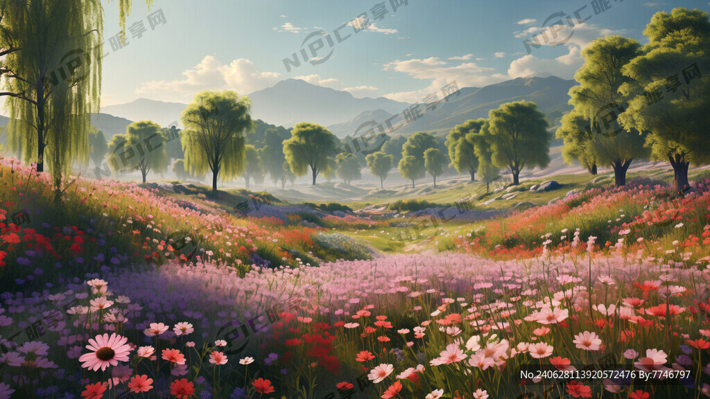 远处山下有几颗柳树 中间是花海