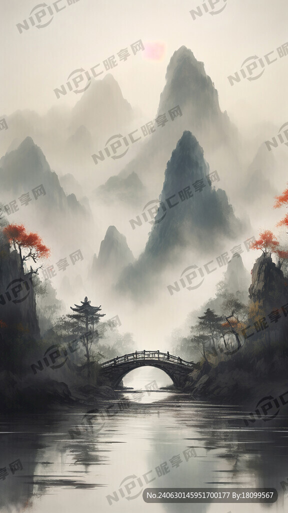 山水画 远山 流水 小桥 人家