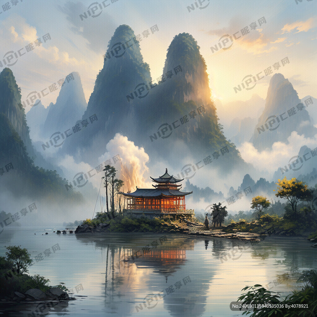 梦幻唯美新中式漓江风景画