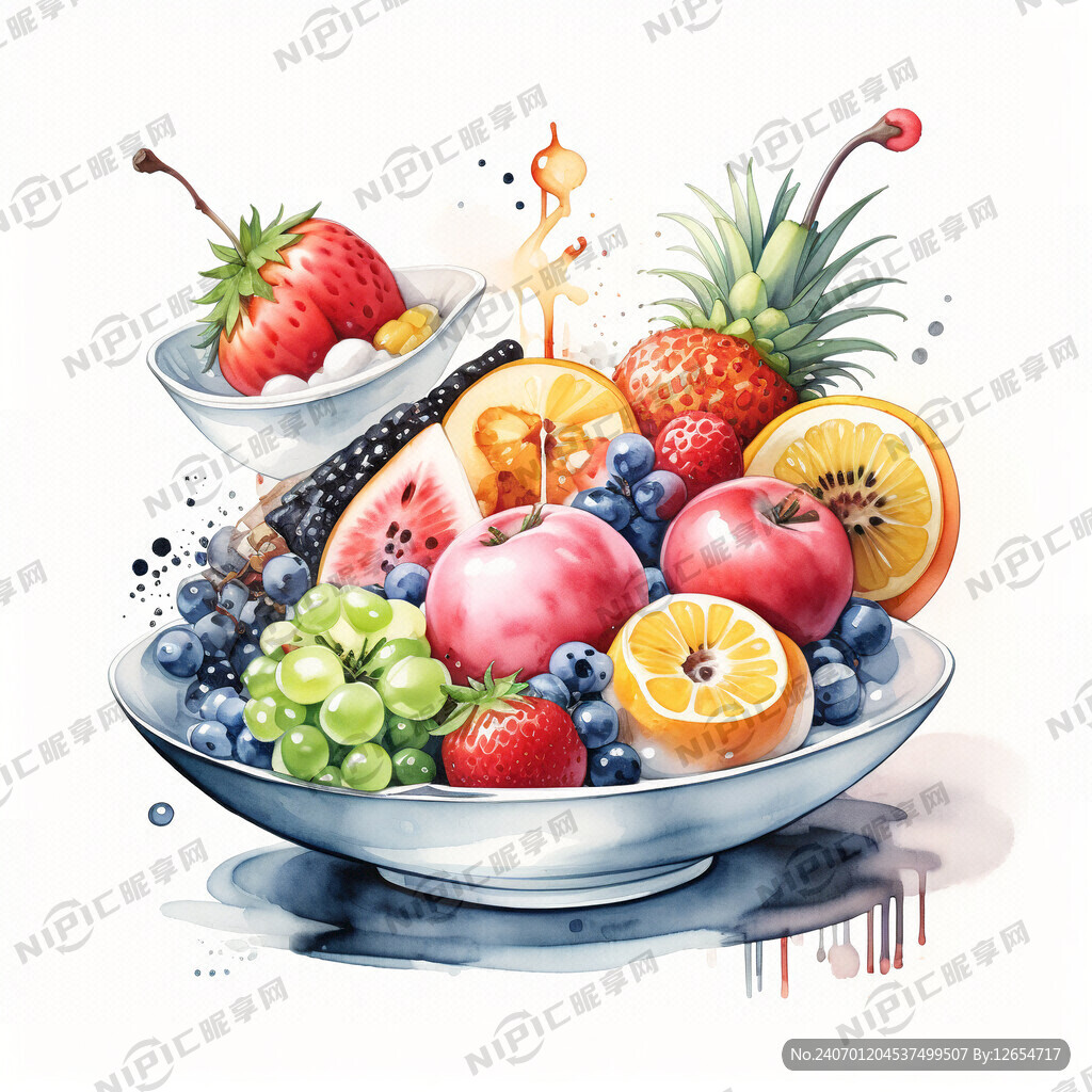 一碗水果捞的水彩画 画面精美