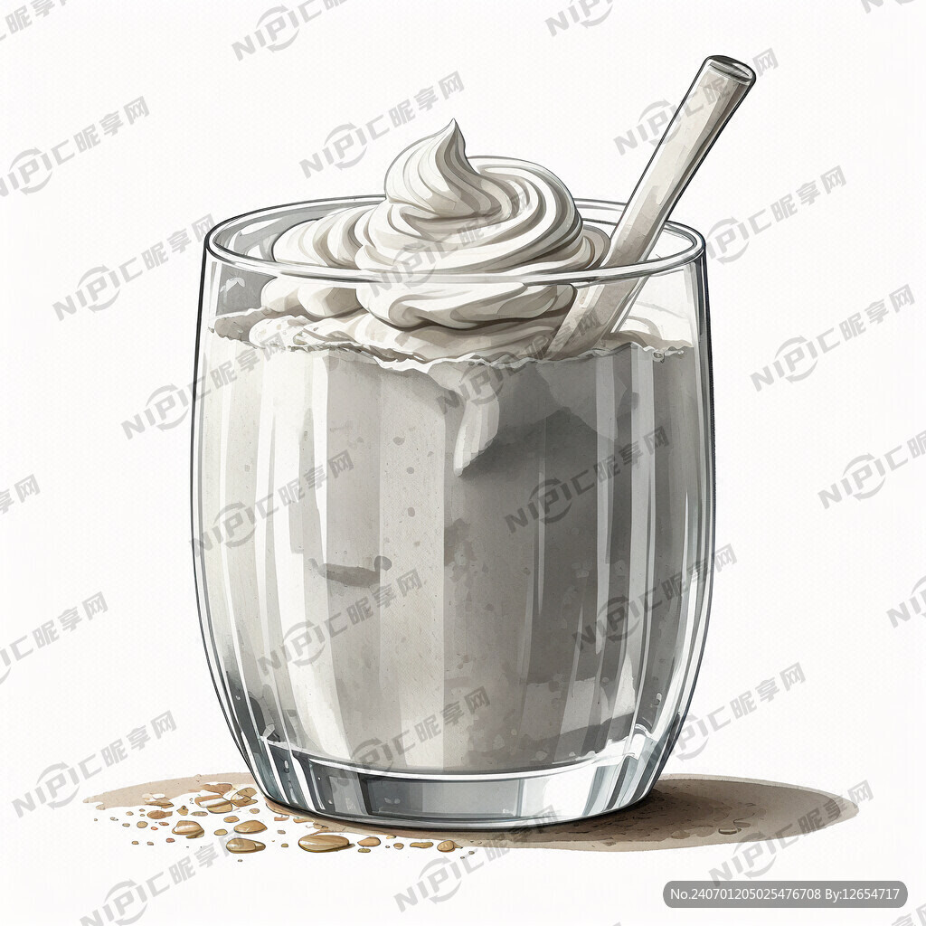 玻璃杯乘着白色酸奶 水粉画