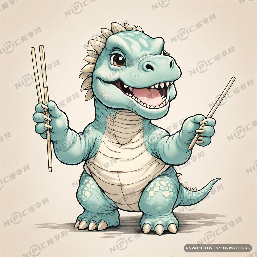 卡通  恐龙  拿着筷子  