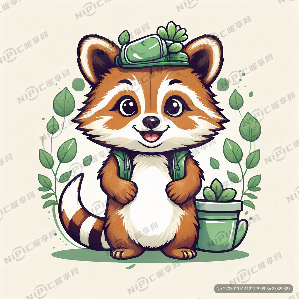 环保小浣熊可爱形象正面插画吉祥