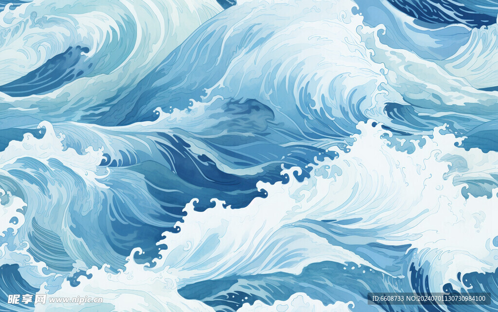 海浪水墨画背景水彩画
