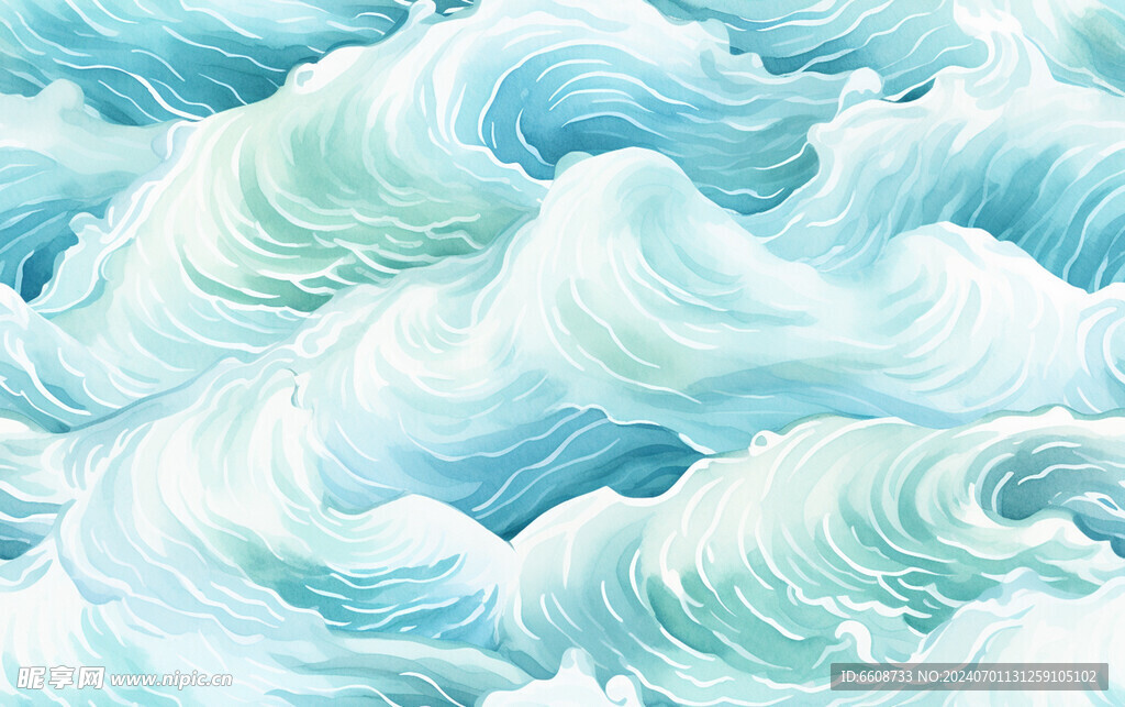 海浪水墨画背景水彩画
