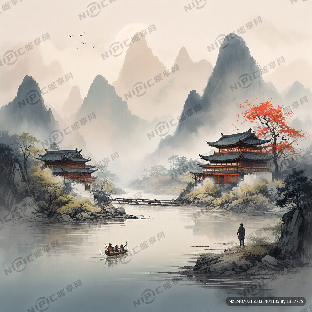 中国风 山  水 老房子 河流