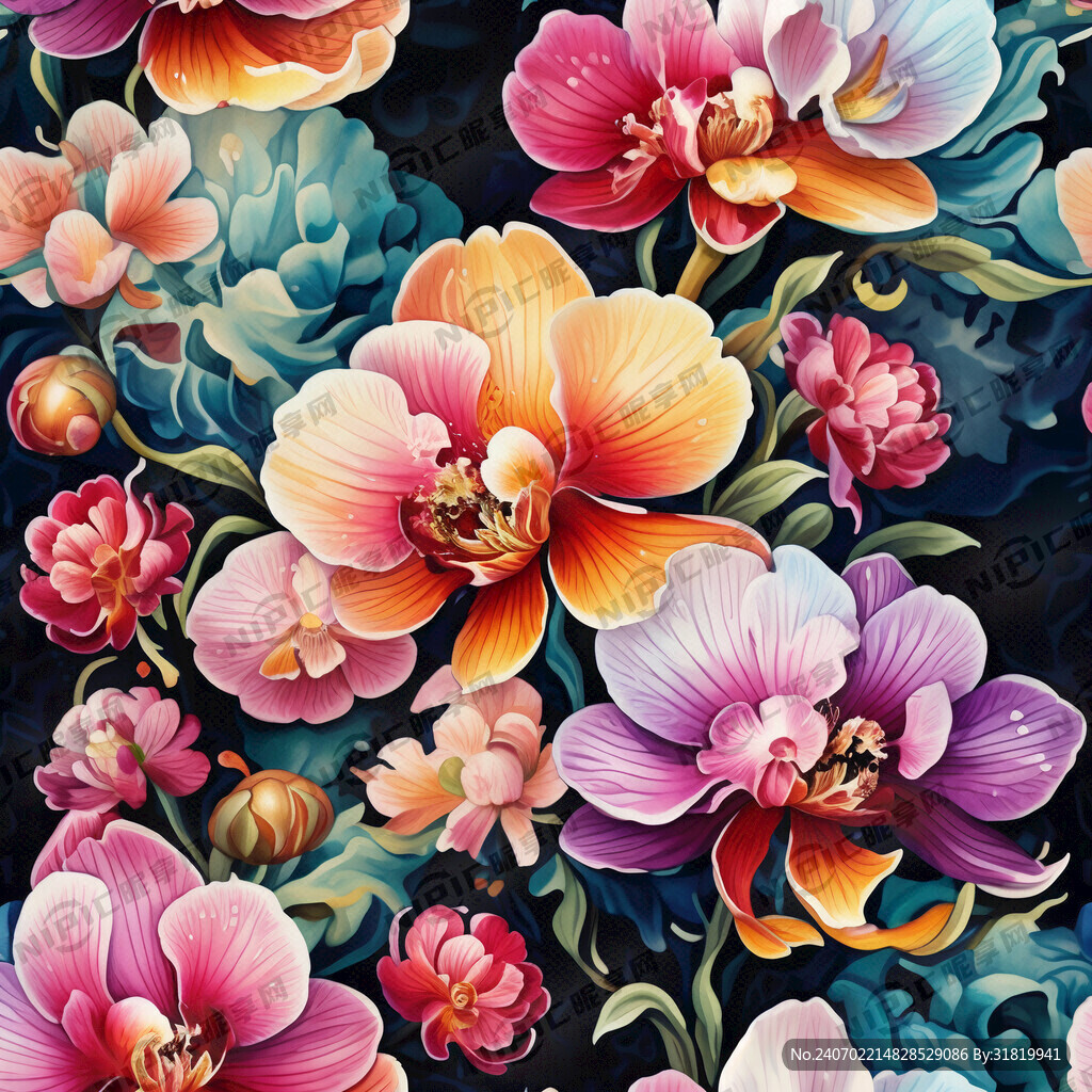 水彩兰花鱼牡丹无缝