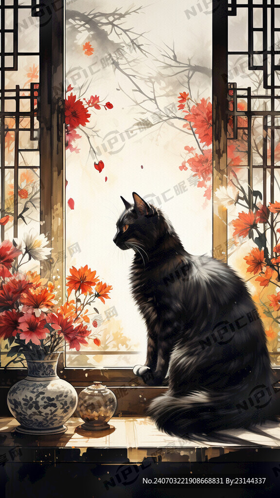 猫 窗户 花