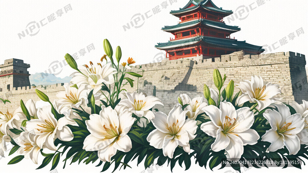 古城墙 百合花 矢量图