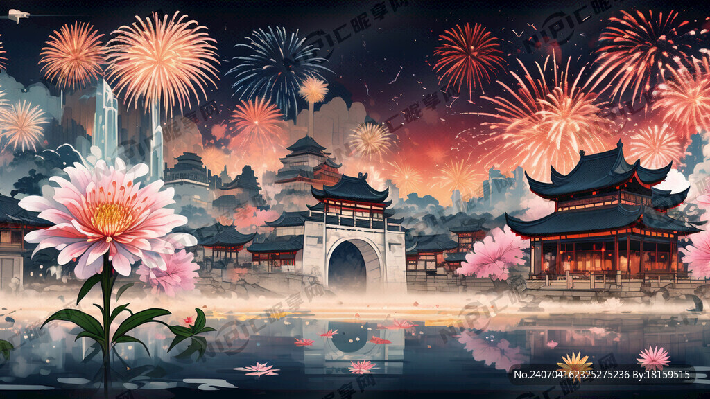 江南古城 百合花 矢量图 烟花