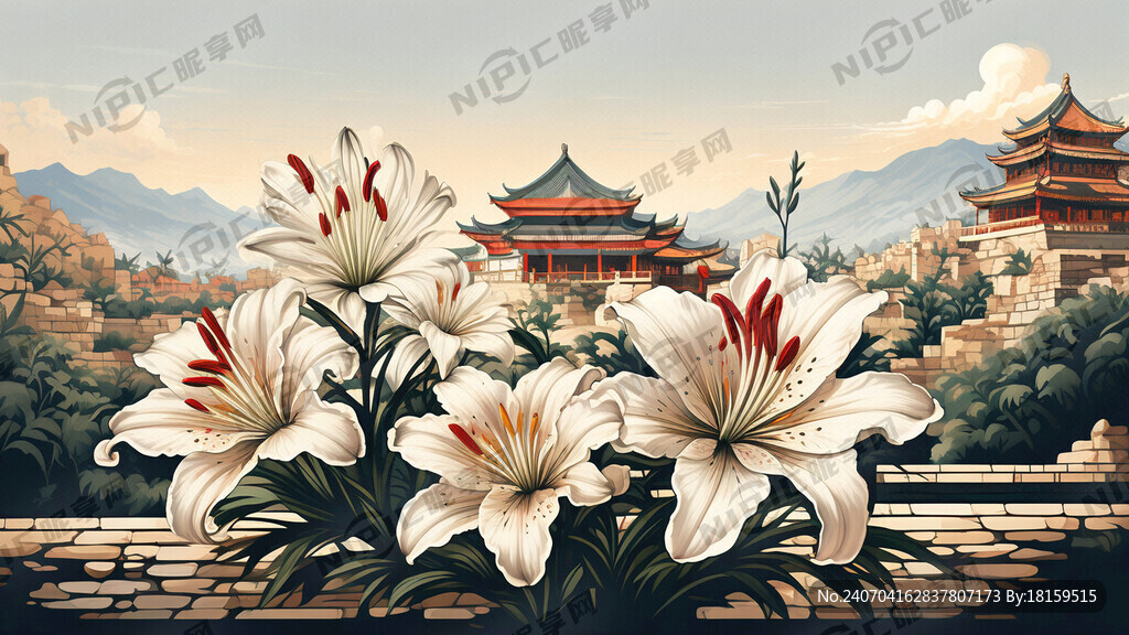 古城 百合花 矢量图 素雅