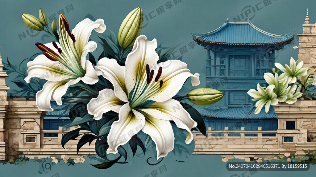 古建筑 百合花 矢量图 素雅