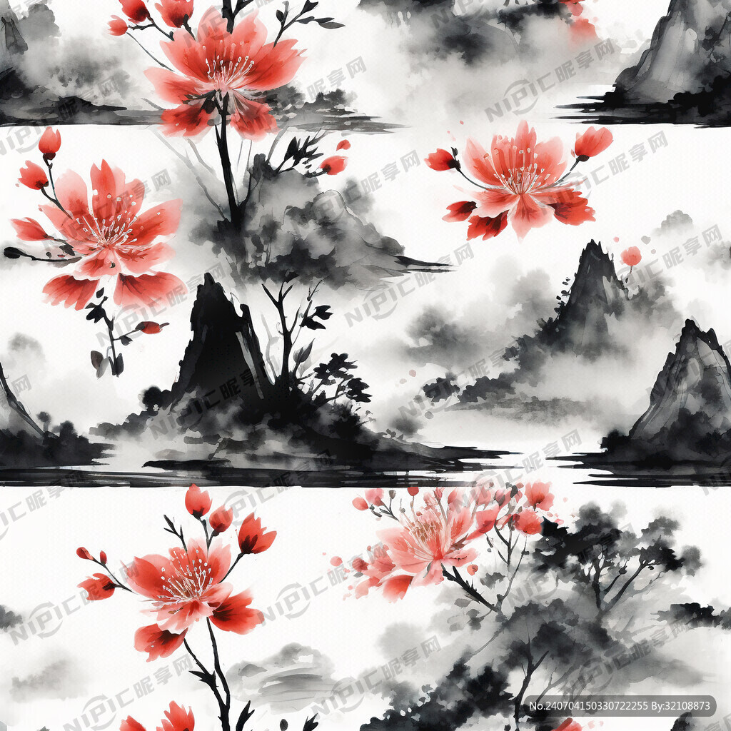水墨山水 无缝 四方连续