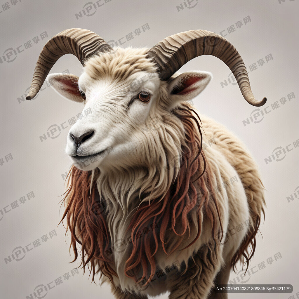 白脑门儿、棕红色毛的带角小公羊