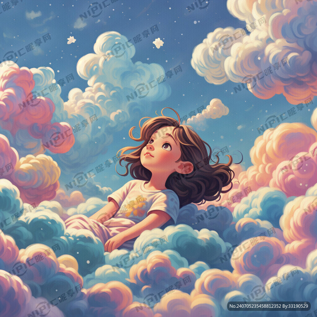 少女躺在云朵上卡通