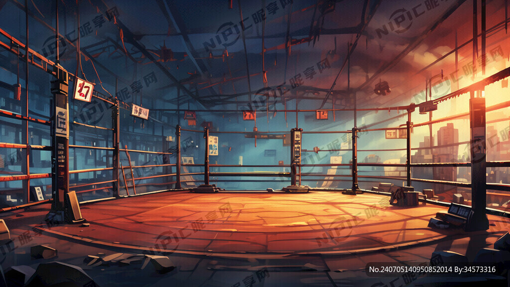 拳击擂台全景 背景昏暗 平视
