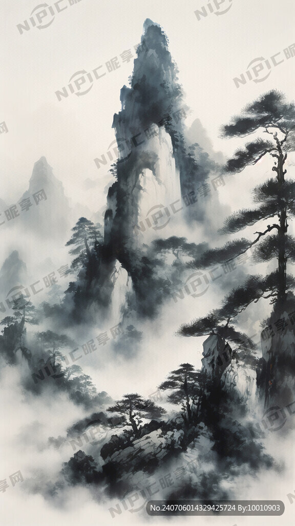 国风假山十坐青色 云 松树