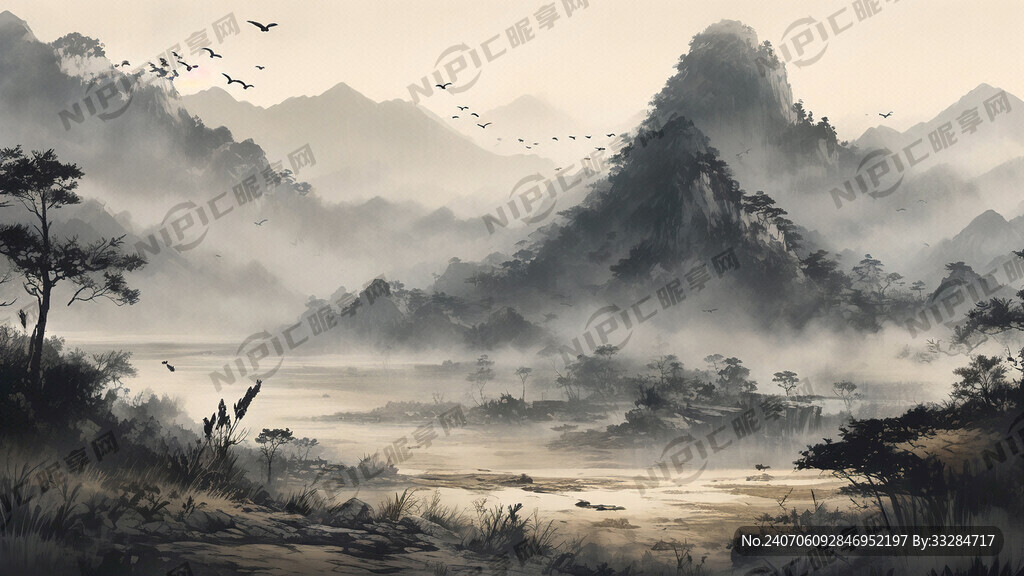 山谷 中国风 中国画 山水 鸟