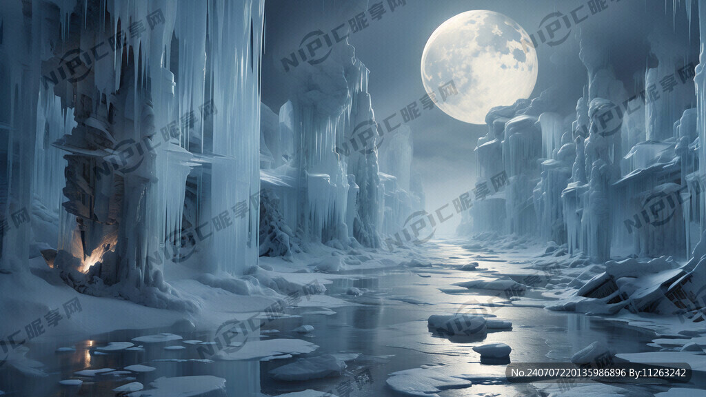 科幻场景 雪白的冰面 冰柱林立
